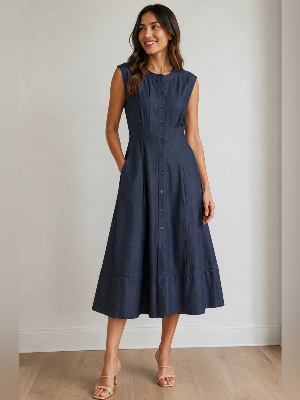 Armani Exchange Sleeveless Navy Button-Front Midi Dress Size 12